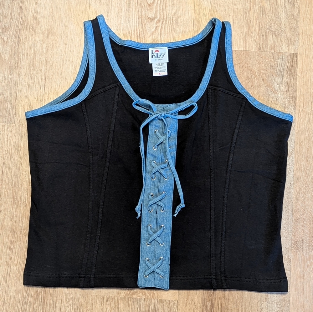 Vintage Kiss Black and Blue Lace-Up Tank Top Size 18
